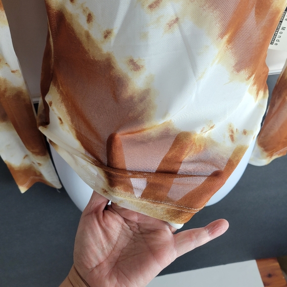 Haute Mode Mesh Brown White tie dye long sleeve top M - Picture 5 of 8